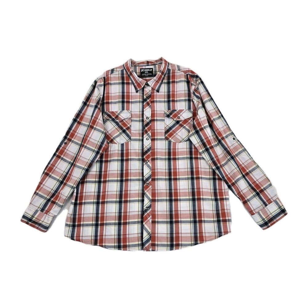 Skully Plaid Shirt Mens 2XL Red White Long Sleeve Snap Western Casual Roll Tap